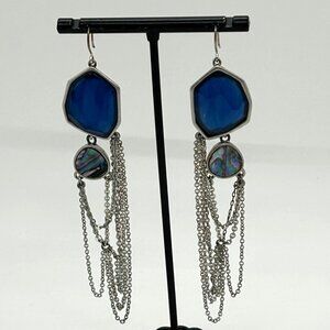 Kenneth Cole Reaction Drop Earrings Abalone Blue Acrylic Stone Silver Chain 1990